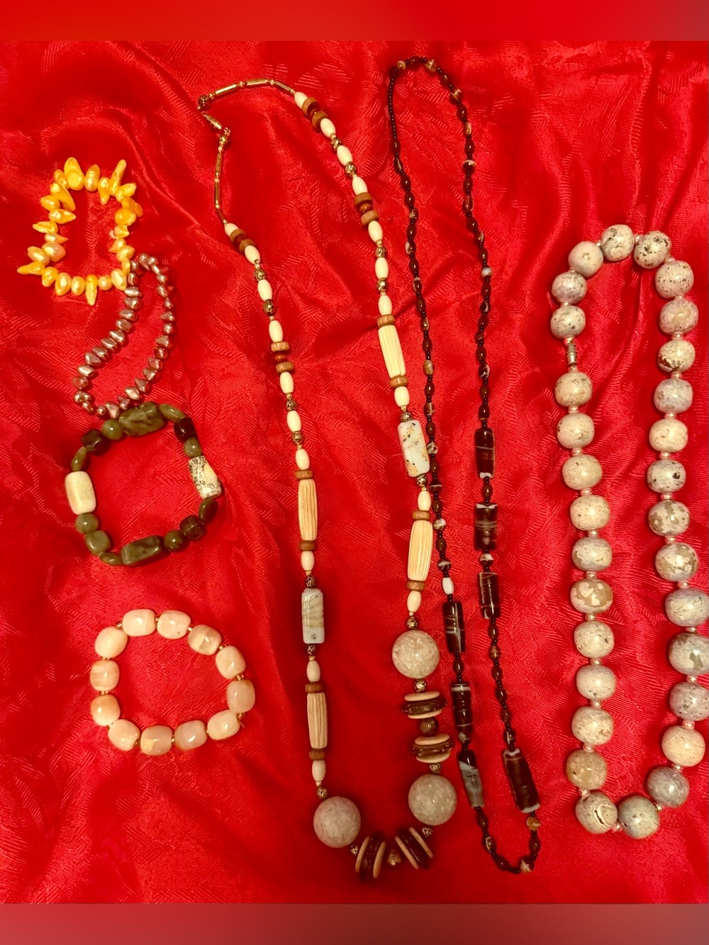 Handcrafted stone Mixed Bead Necklace and Bracelet Set in Beige, Brown and Olive